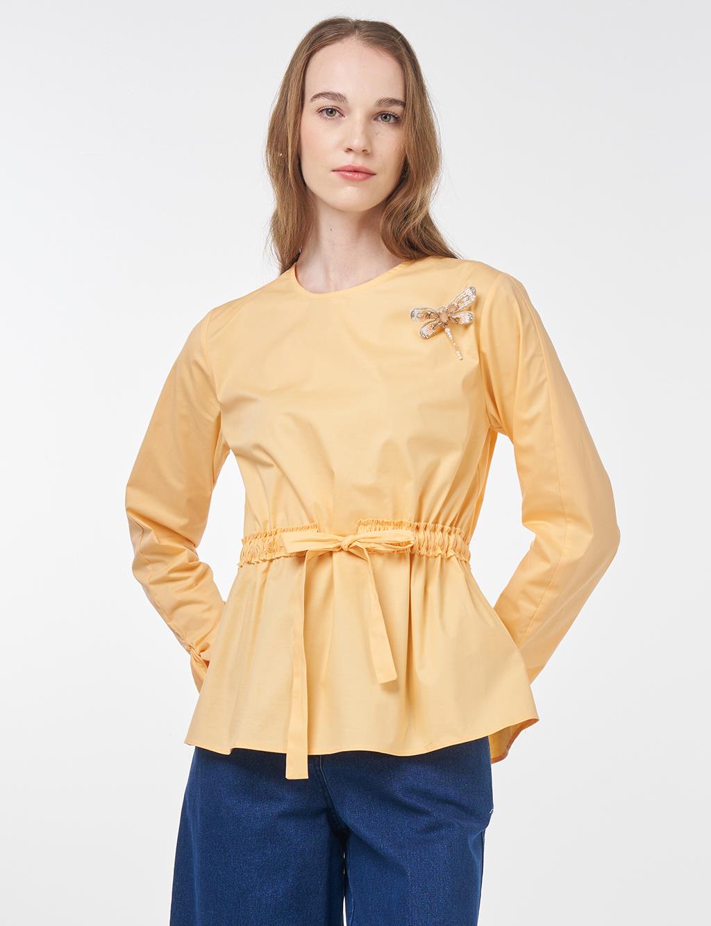 Waist-Drawstring Cotton Blouse Apricot