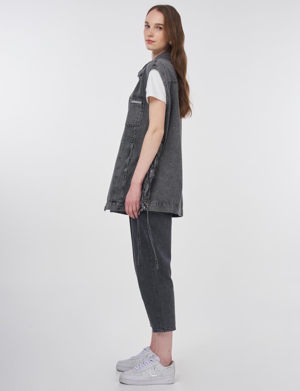 Eyelet Detail Side-Tie Denim Vest Anthracite