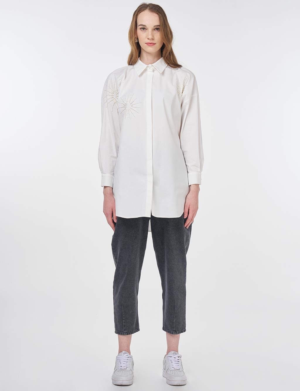 Beaded Embroidered Cotton Tunic Ecru