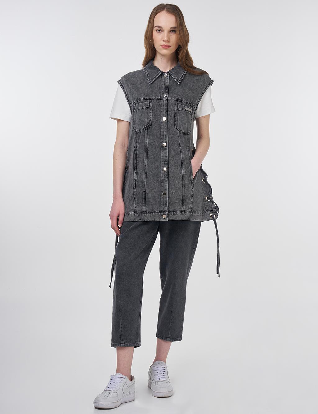Eyelet Detail Side-Tie Denim Vest Anthracite