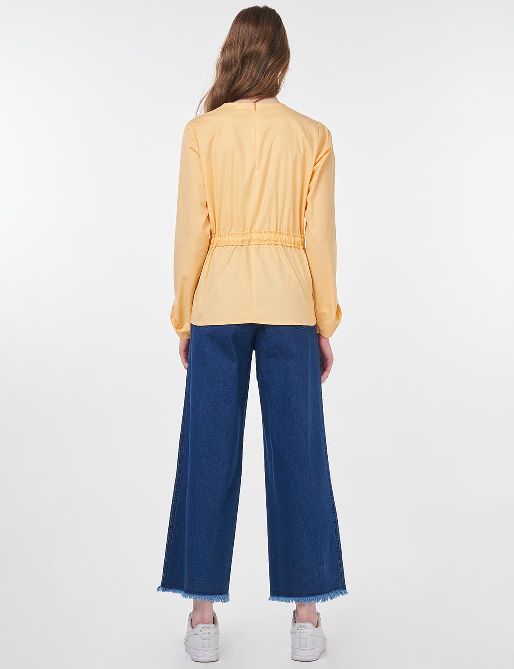 Waist-Drawstring Cotton Blouse Apricot