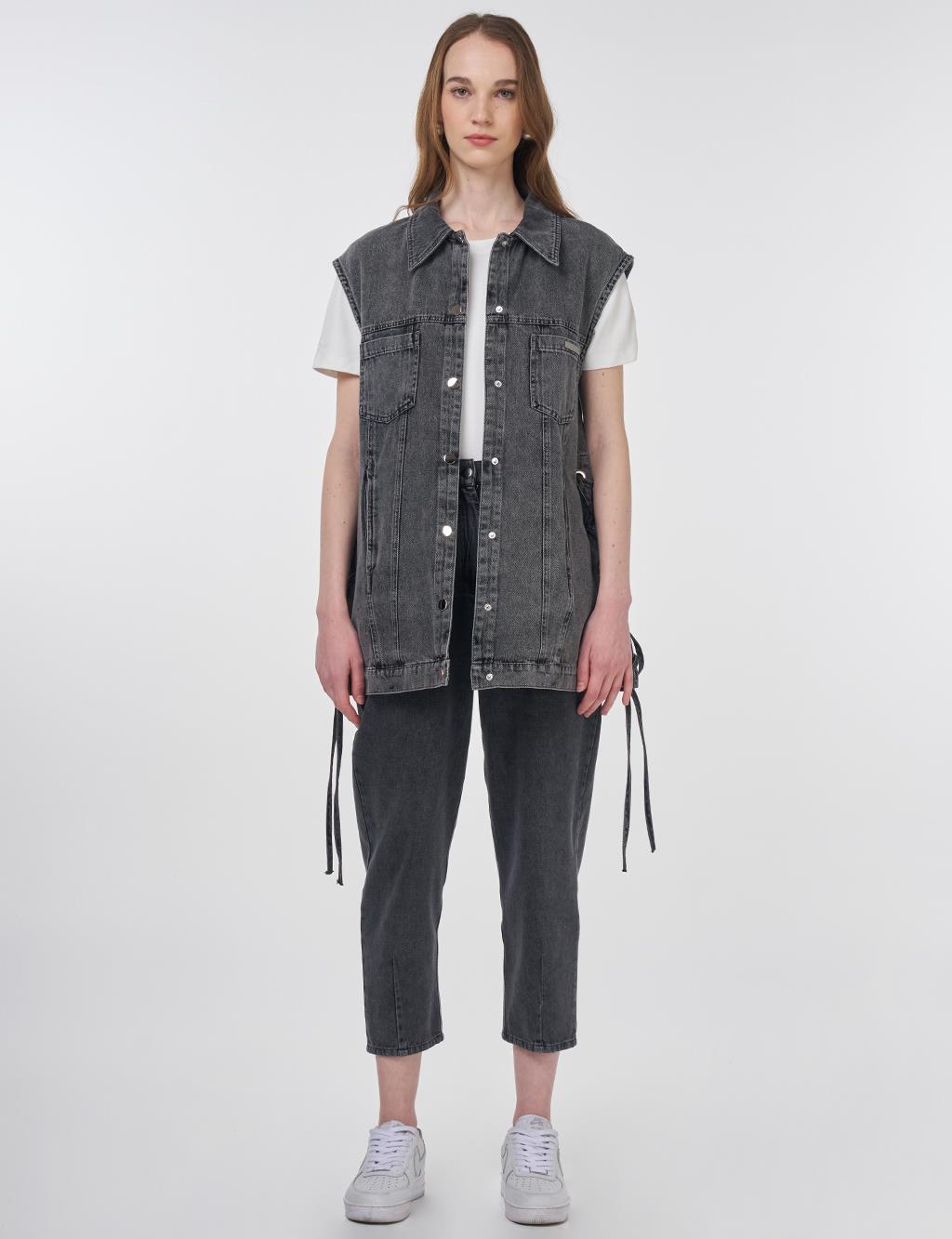 Eyelet Detail Side-Tie Denim Vest Anthracite