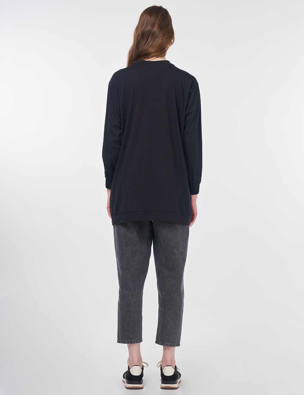 Kelebek Nakışlı Pamuklu Sweatshirt Siyah