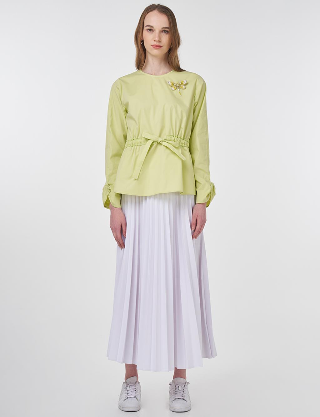 Waist-Drawstring Cotton Blouse Lemon