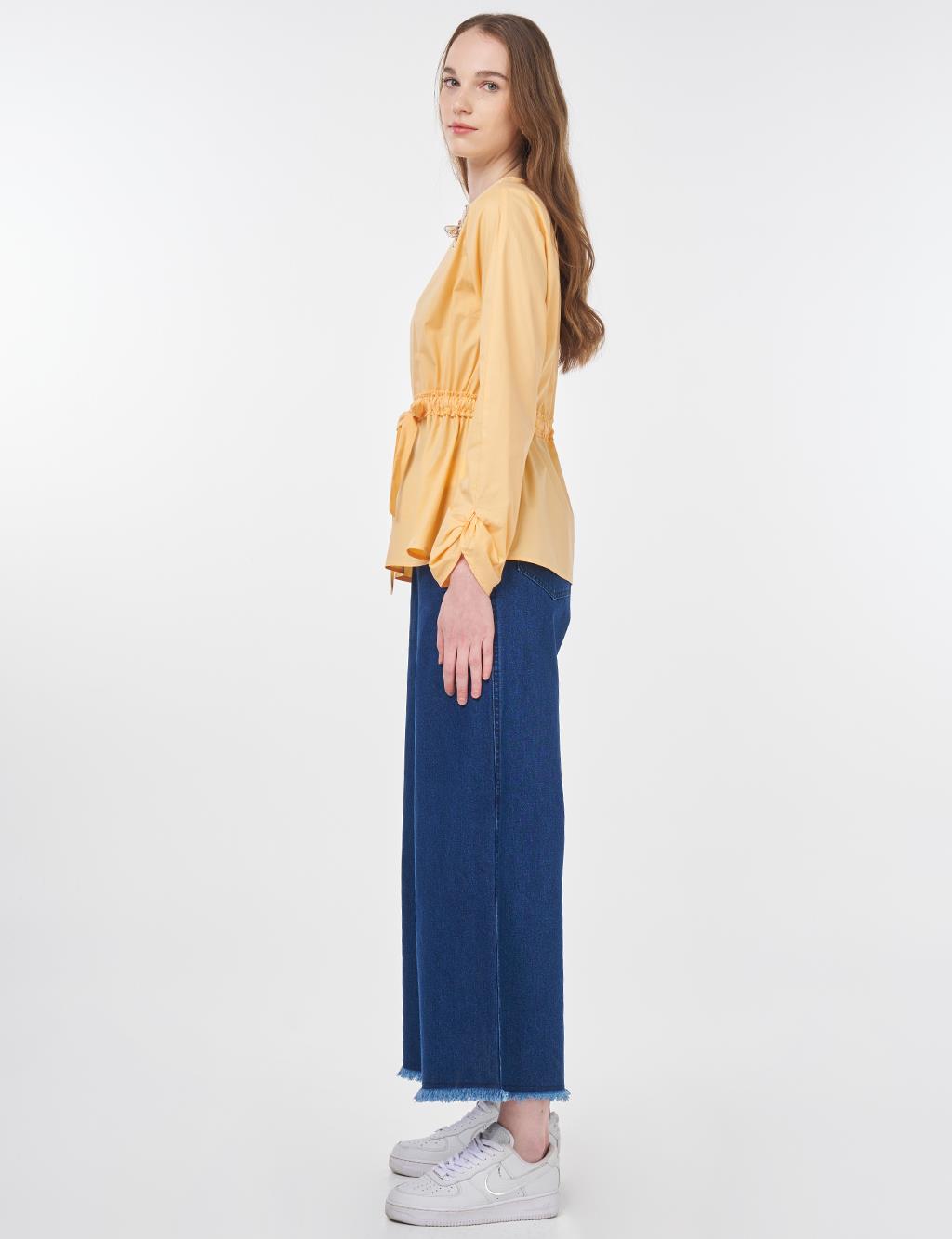 Waist-Drawstring Cotton Blouse Apricot