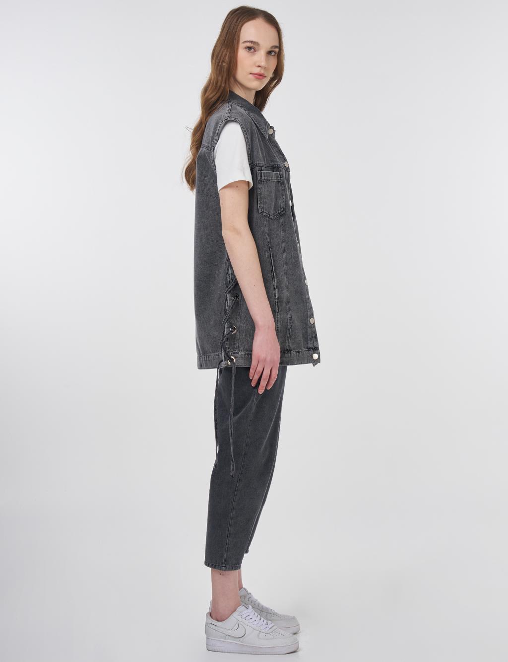 Eyelet Detail Side-Tie Denim Vest Anthracite