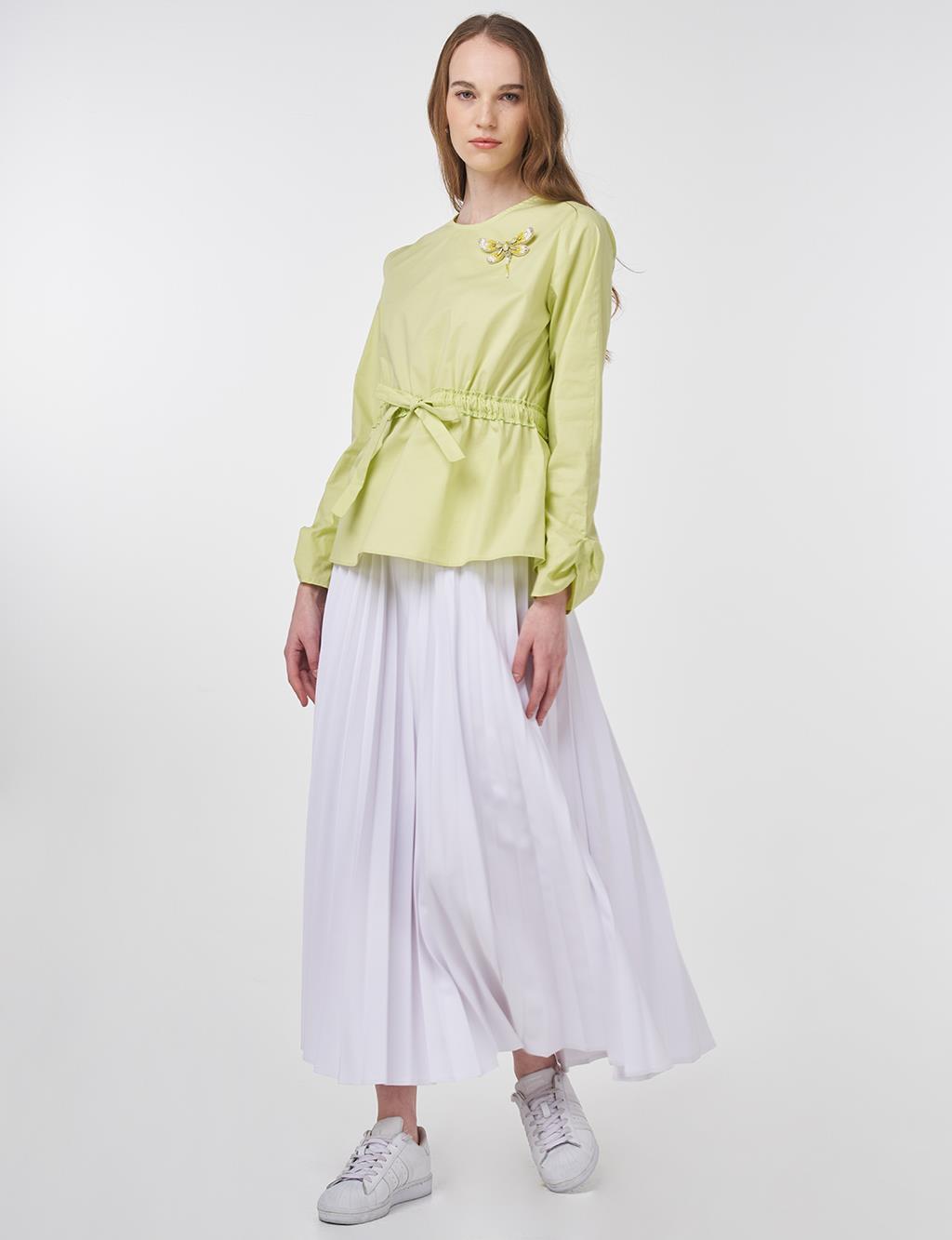 Waist-Drawstring Cotton Blouse Lemon
