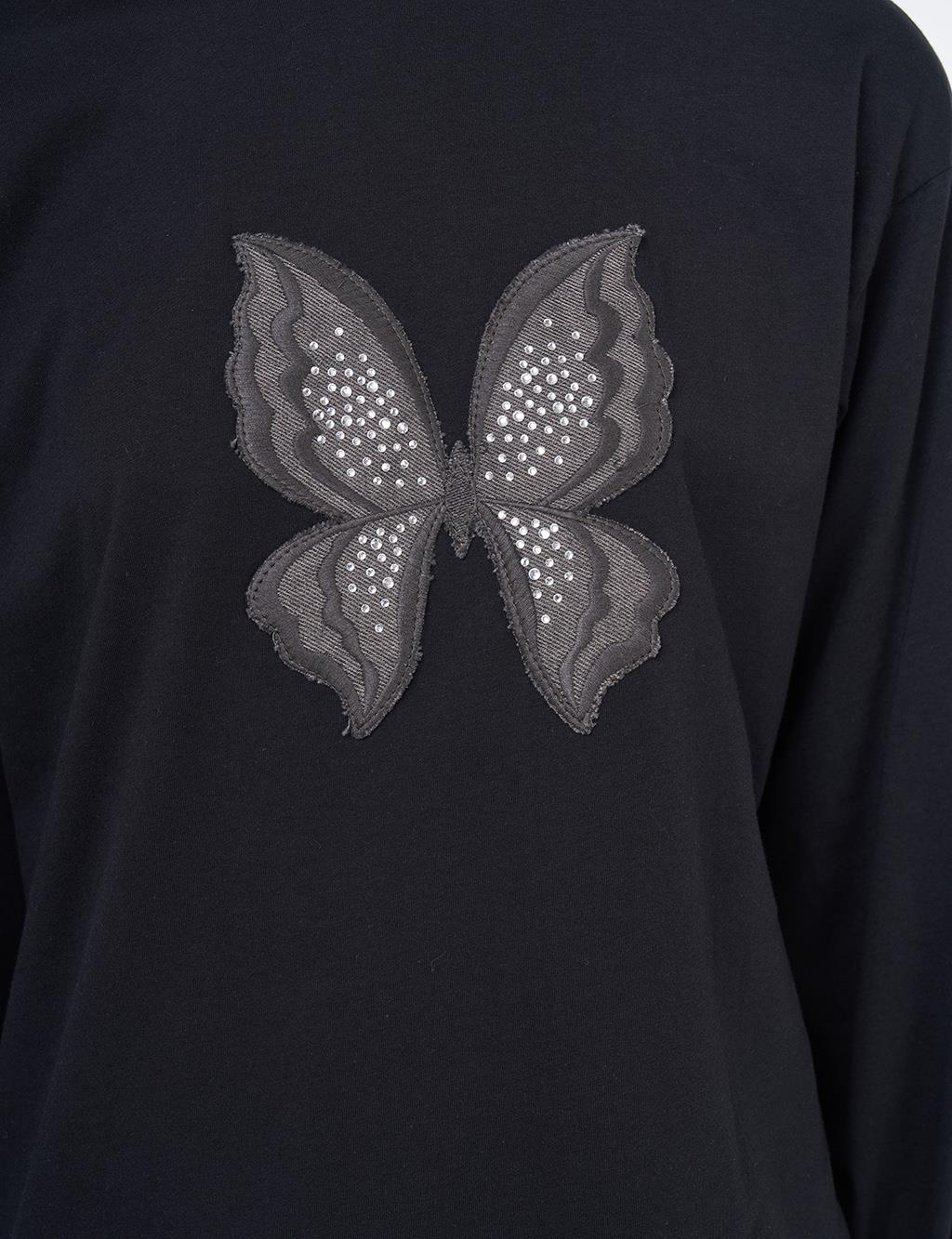 Kelebek Nakışlı Pamuklu Sweatshirt Siyah