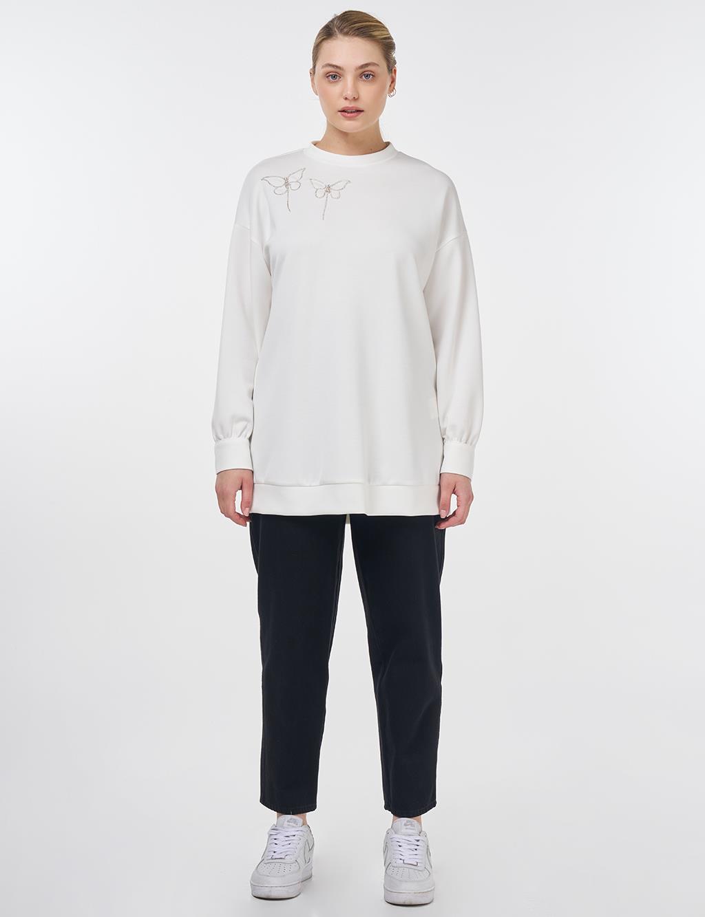 Düğme Detaylı Scuba Sweatshirt Ekru