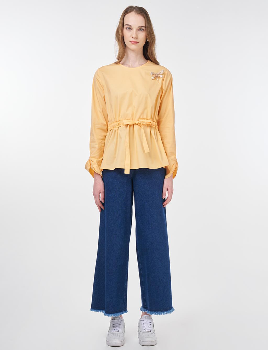 Waist-Drawstring Cotton Blouse Apricot