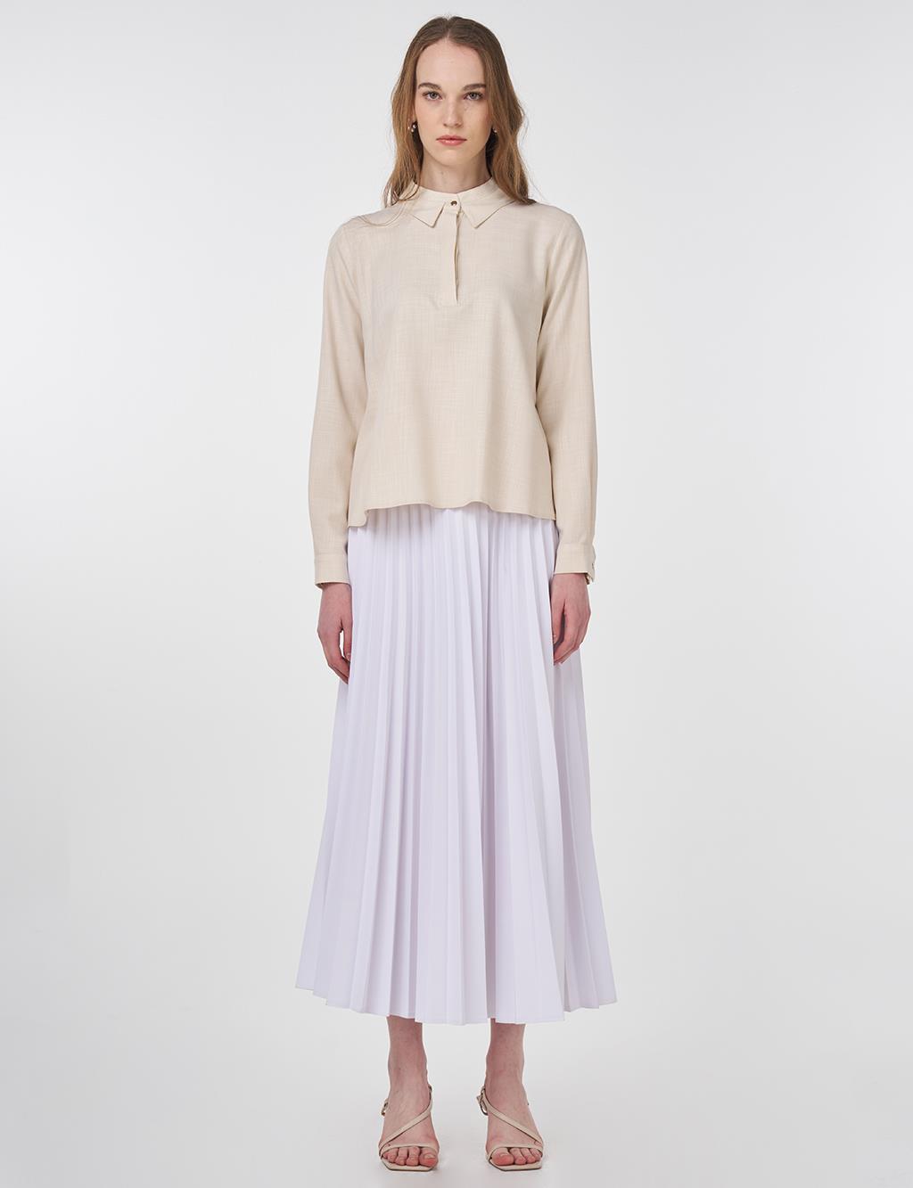 Shiny Button Mandarin Collar Blouse in Cream