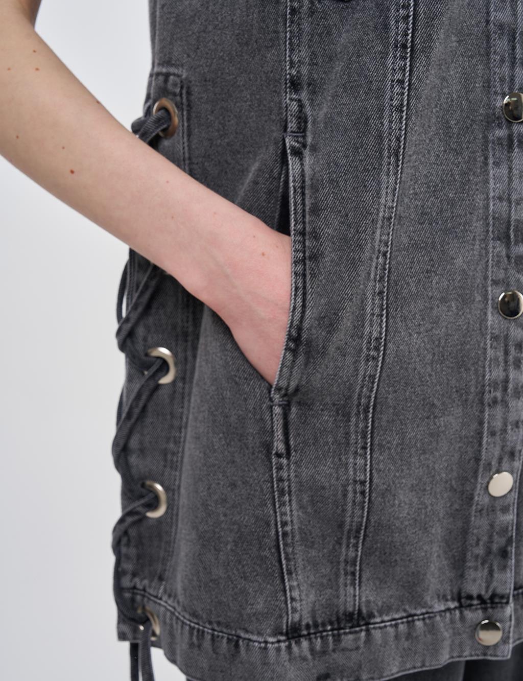 Eyelet Detail Side-Tie Denim Vest Anthracite