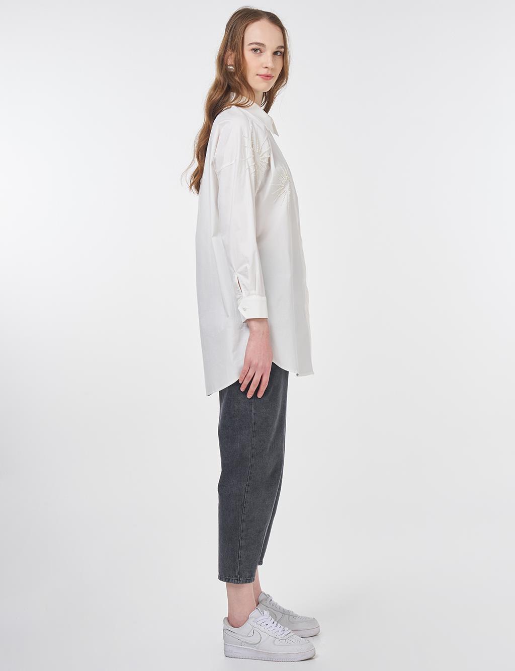 Beaded Embroidered Cotton Tunic Ecru