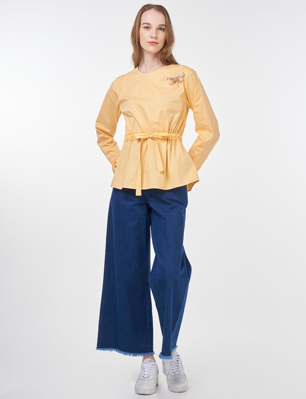 Waist-Drawstring Cotton Blouse Apricot