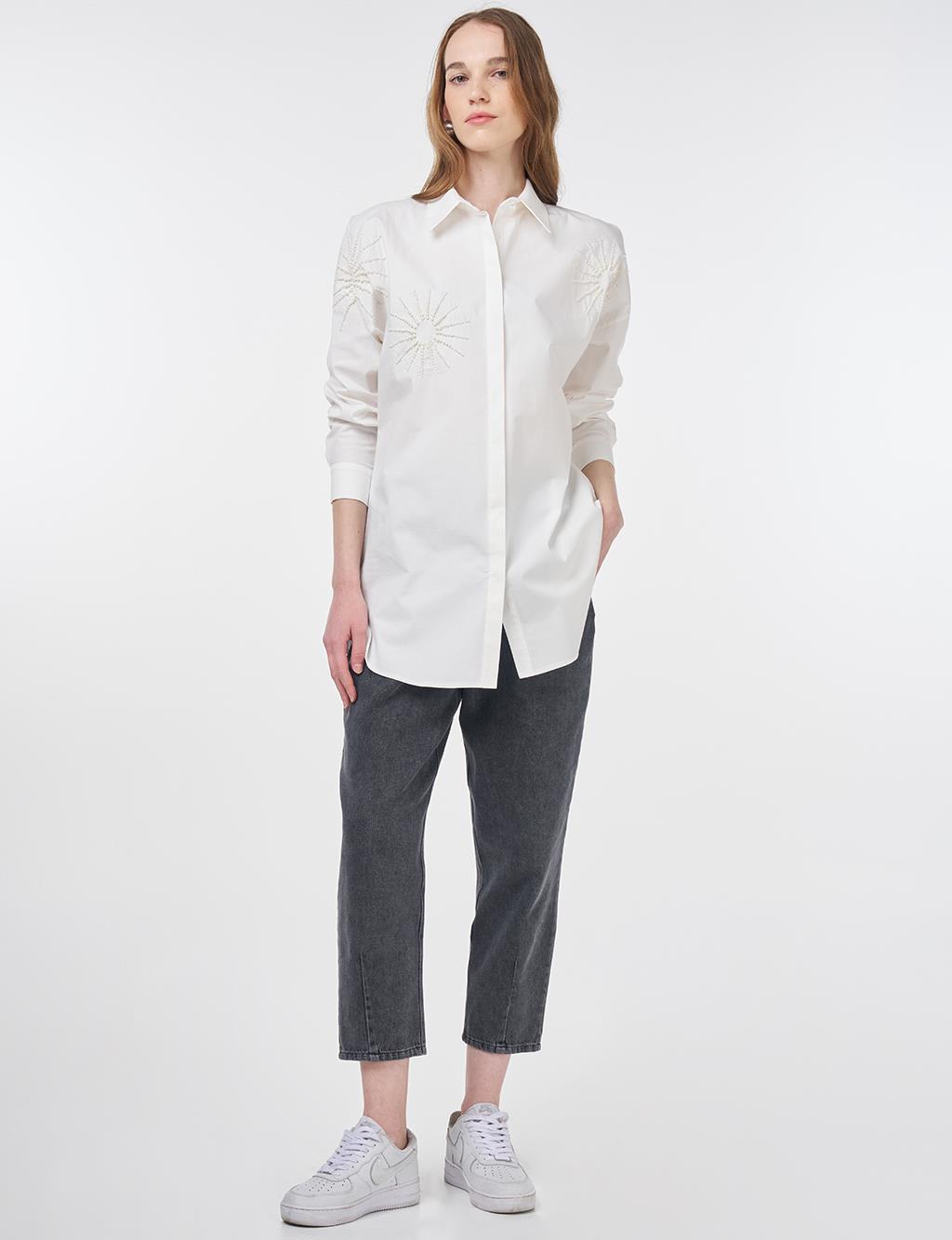 Beaded Embroidered Cotton Tunic Ecru