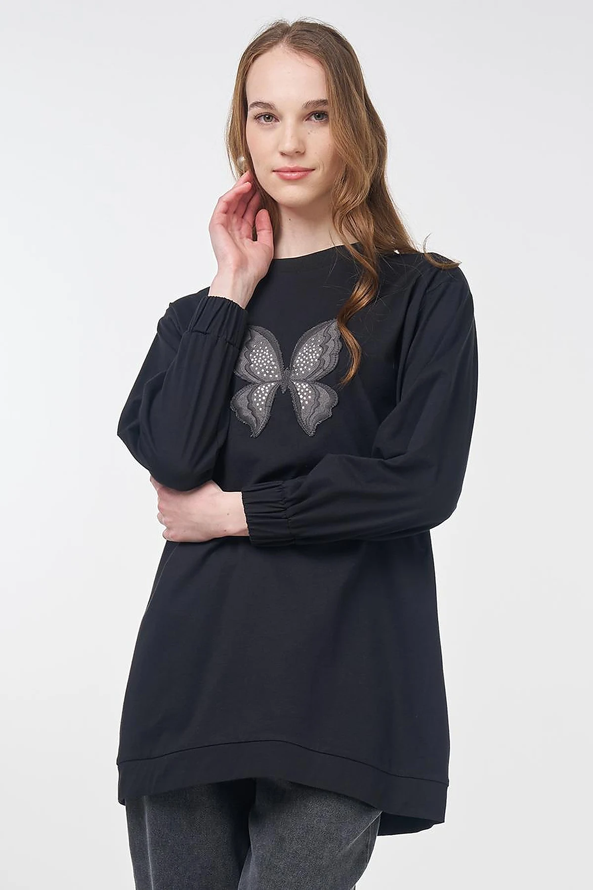 Kelebek Nakışlı Pamuklu Sweatshirt Siyah