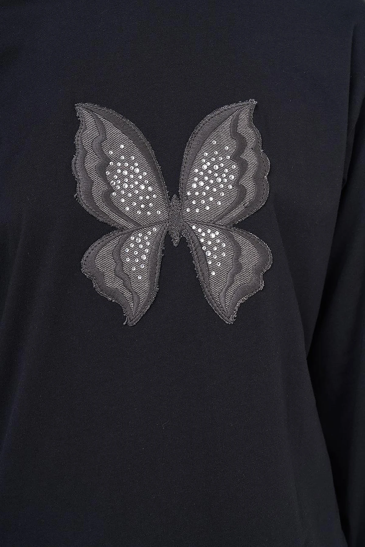 Kelebek Nakışlı Pamuklu Sweatshirt Siyah