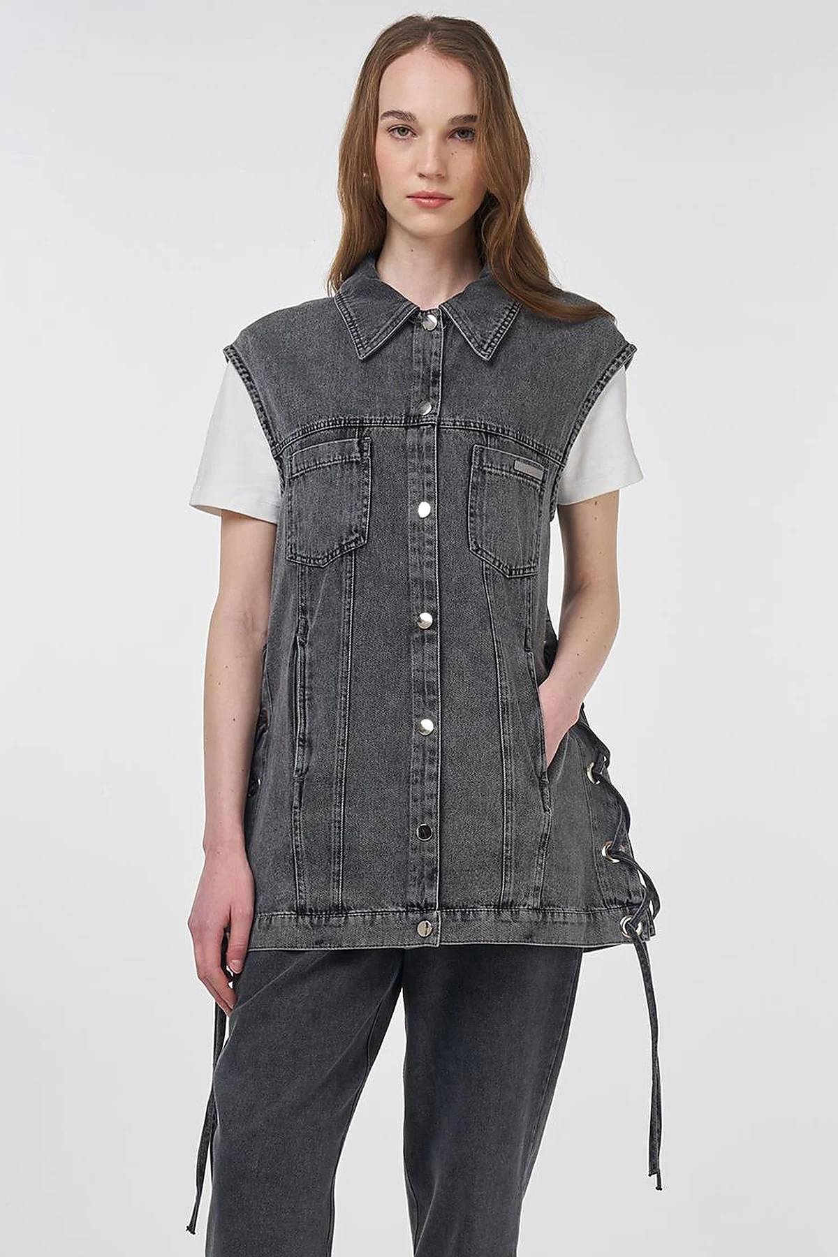 Eyelet Detail Side-Tie Denim Vest Anthracite