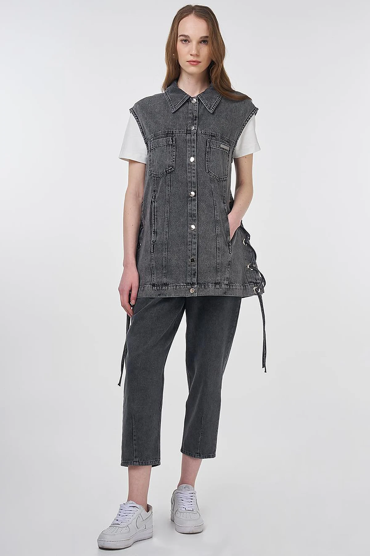 Eyelet Detail Side-Tie Denim Vest Anthracite