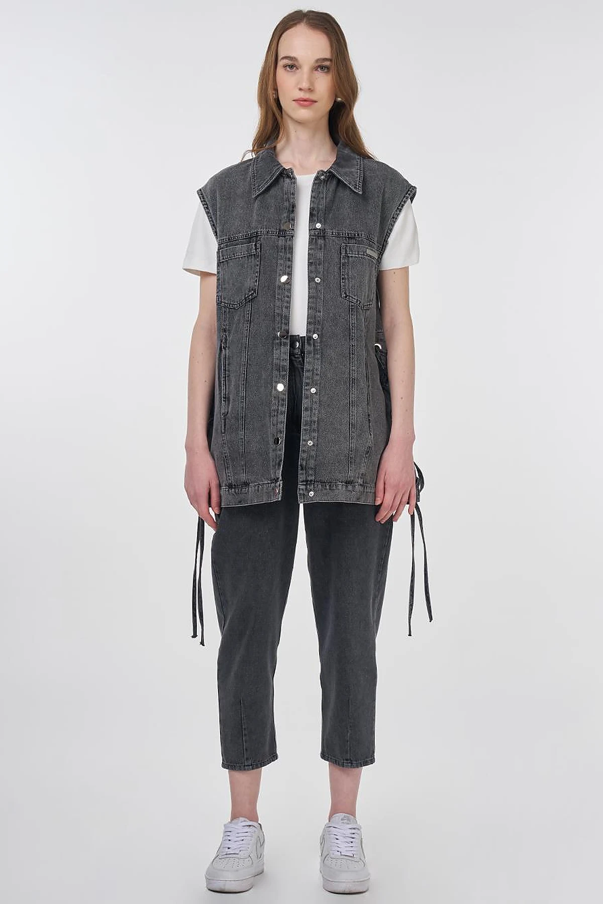Eyelet Detail Side-Tie Denim Vest Anthracite