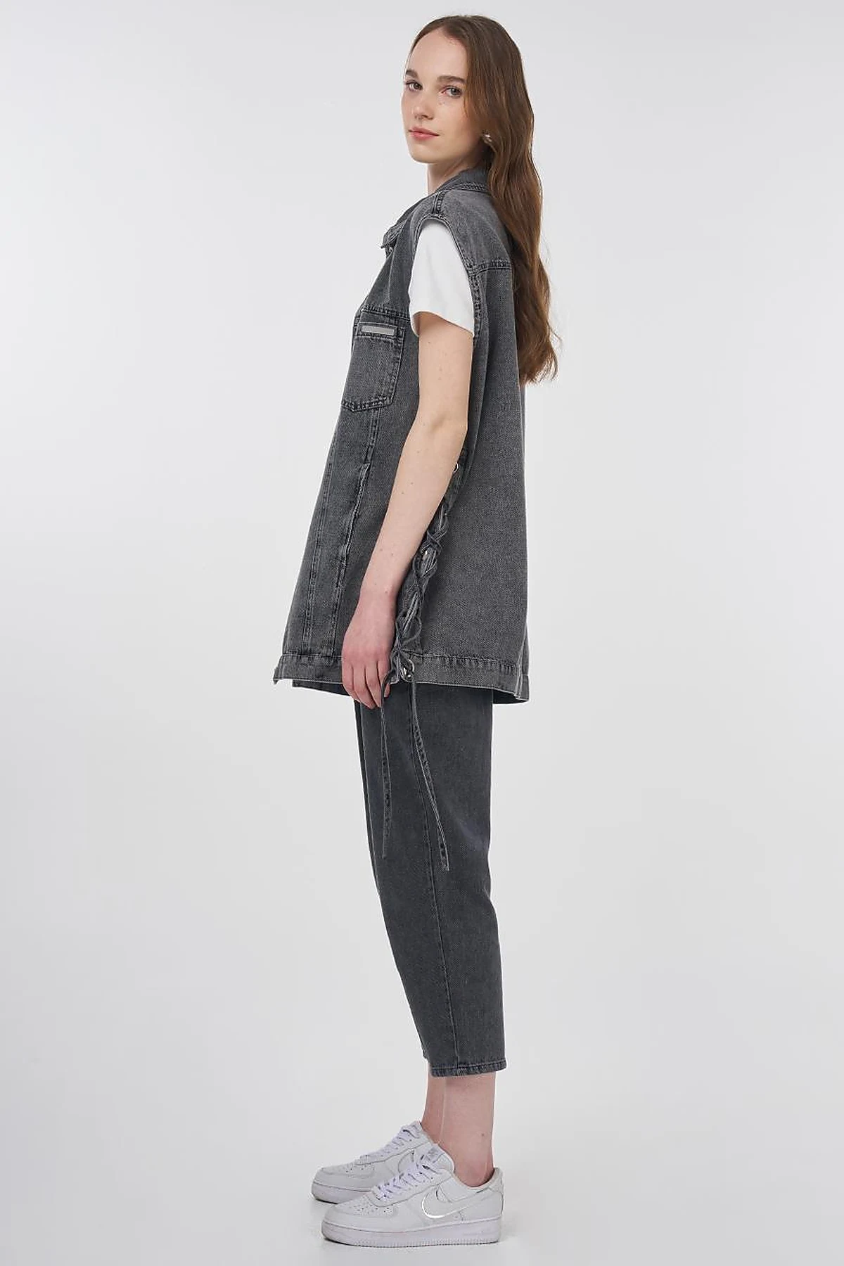 Eyelet Detail Side-Tie Denim Vest Anthracite