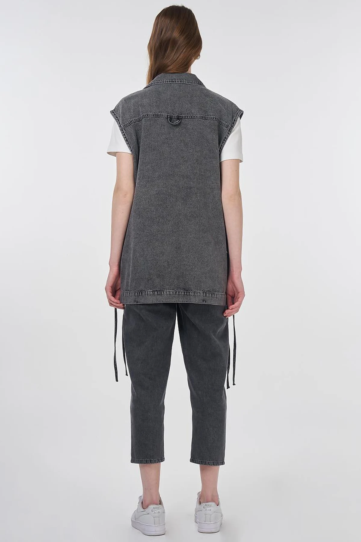 Eyelet Detail Side-Tie Denim Vest Anthracite