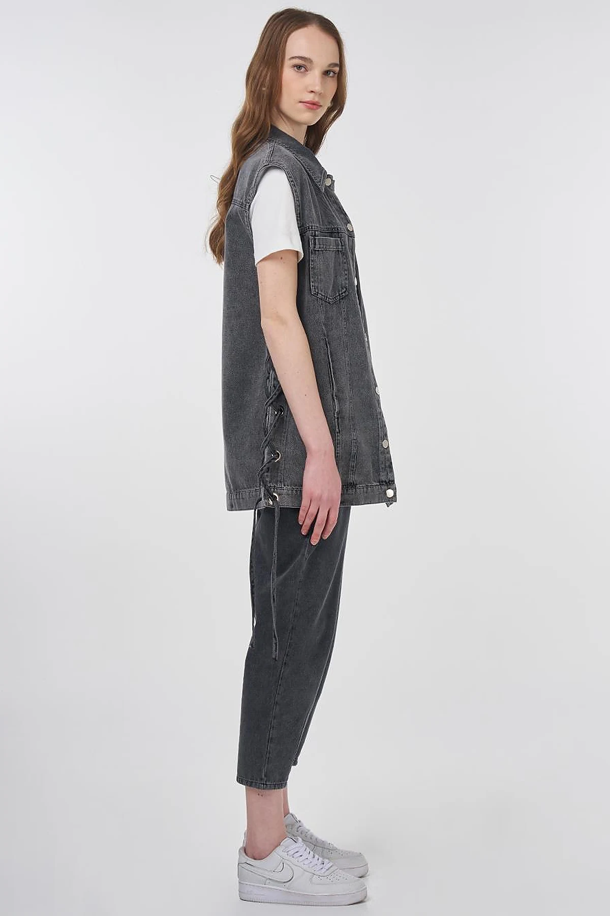 Eyelet Detail Side-Tie Denim Vest Anthracite