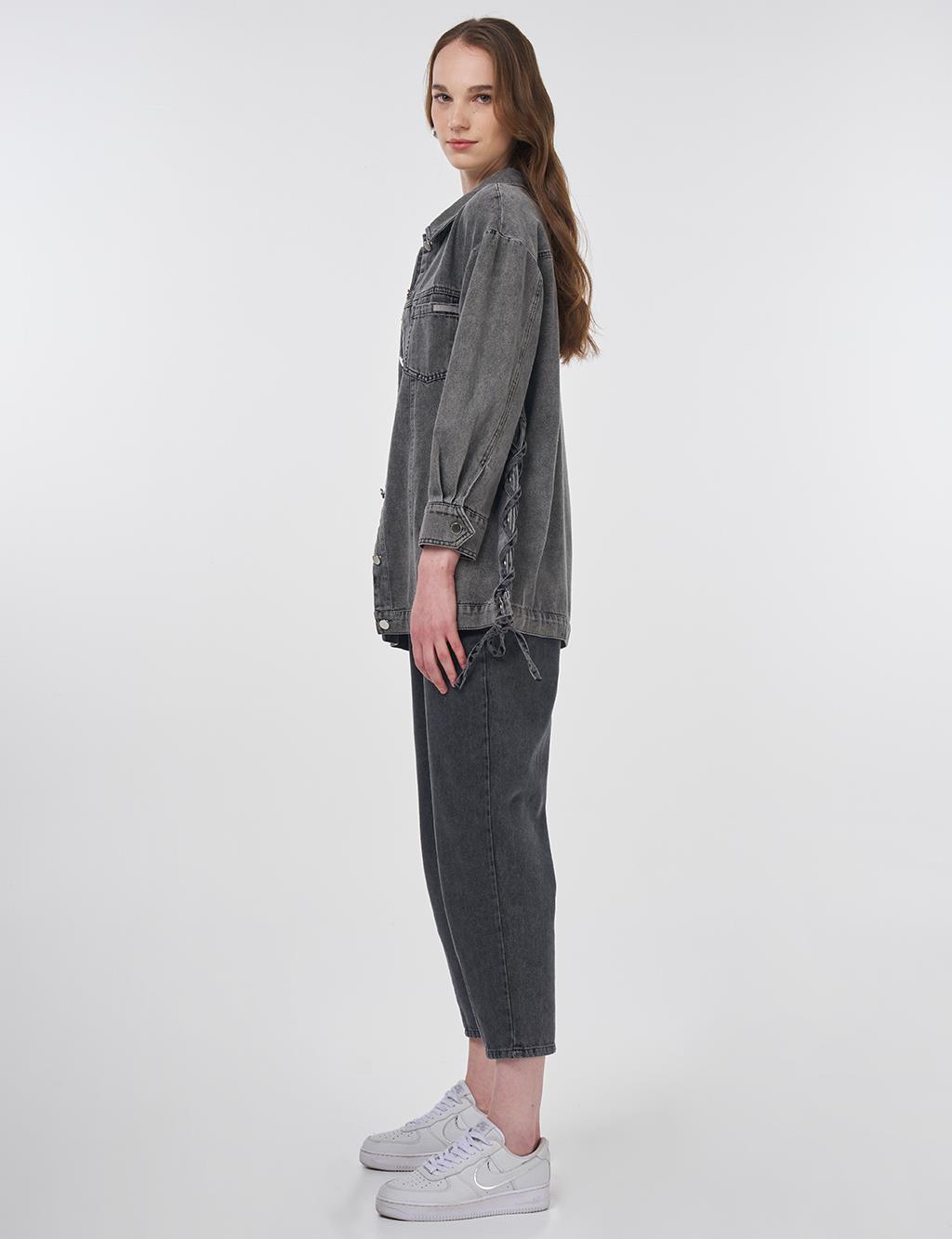 Drawstring Detailed Denim Jacket Anthracite
