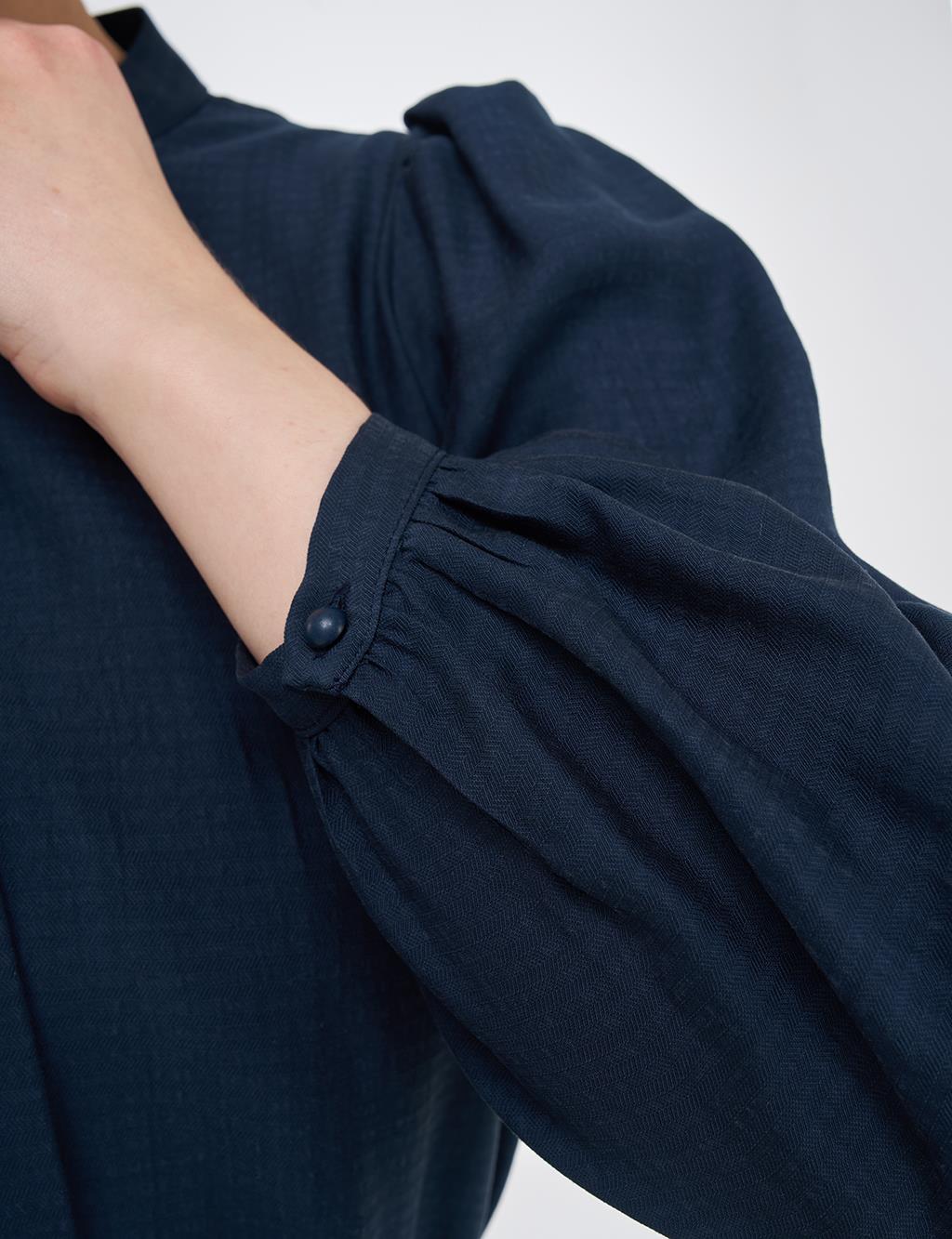 Mandarin Collar Lyocell Blouse Navy