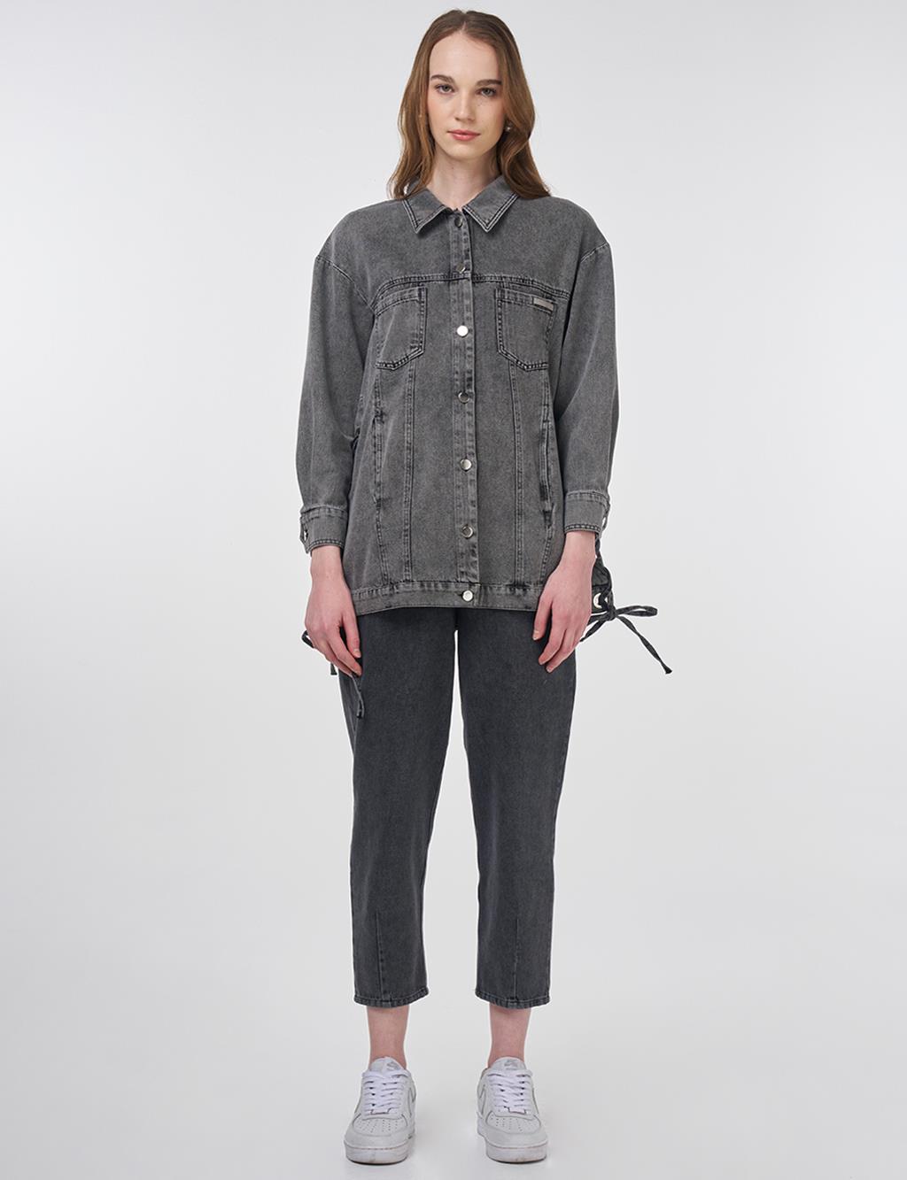 Drawstring Detailed Denim Jacket Anthracite