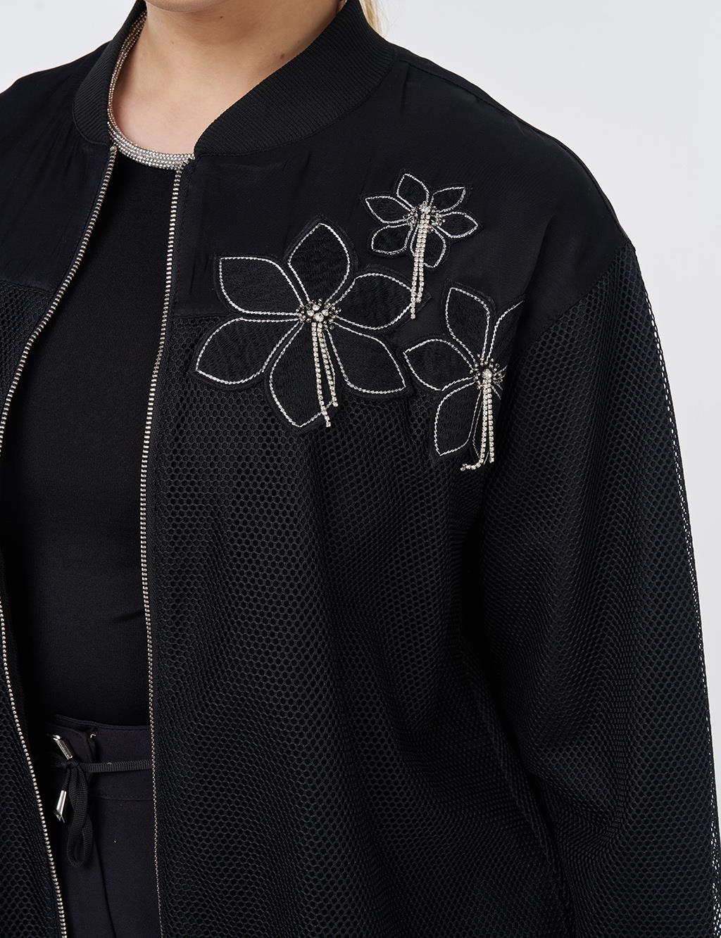 Mesh Detailed College Neck Jacket Black 