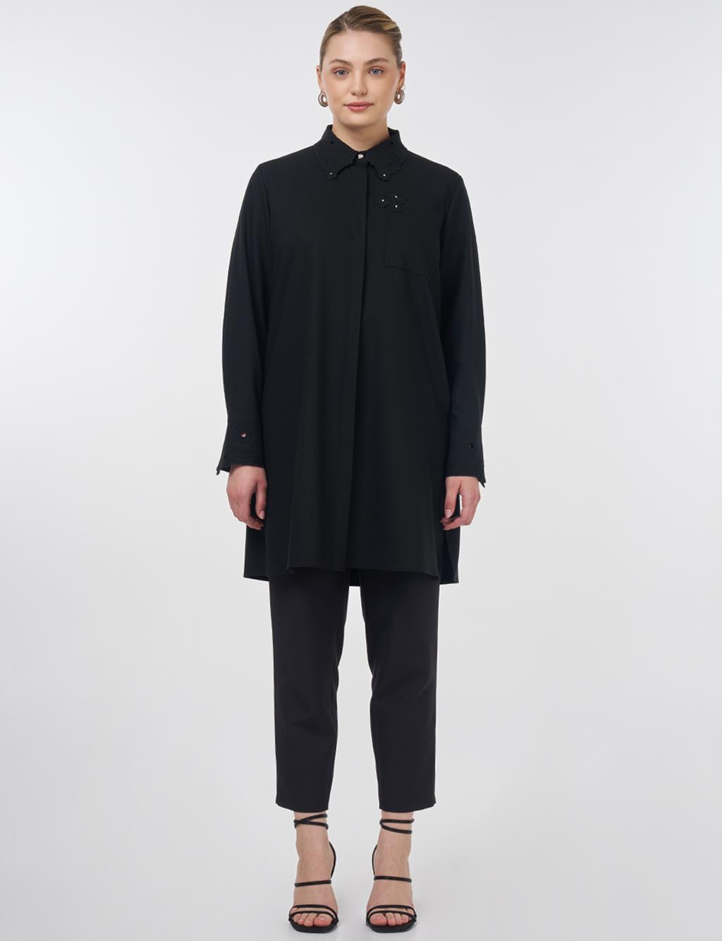 Embroidered Collar Appliqué Elegant Tunic Black
