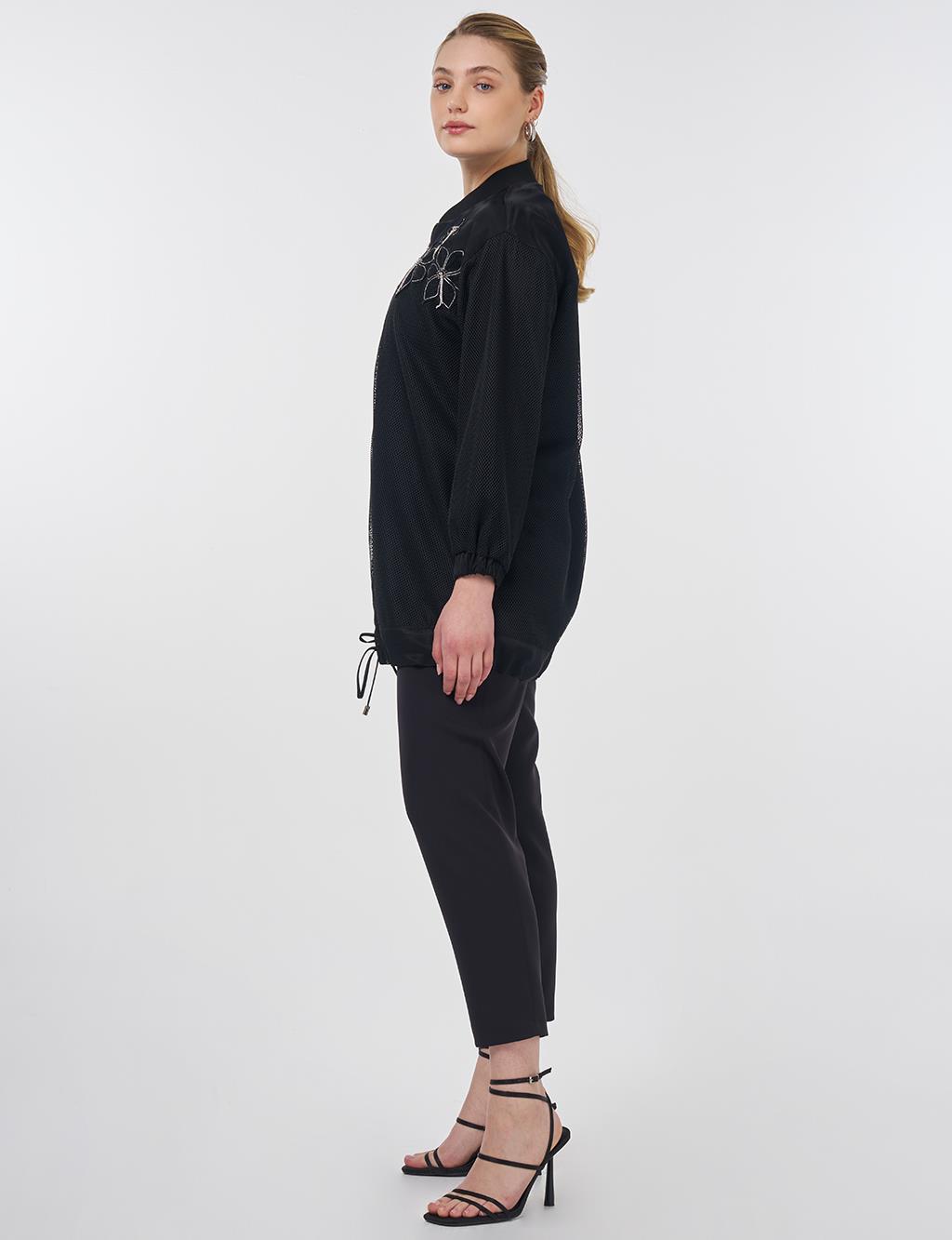 Mesh Detailed College Neck Jacket Black 