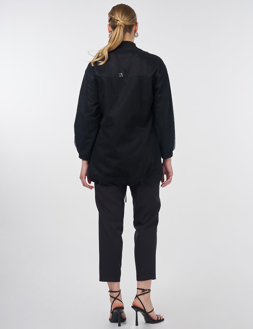 Mesh Detailed College Neck Jacket Black 