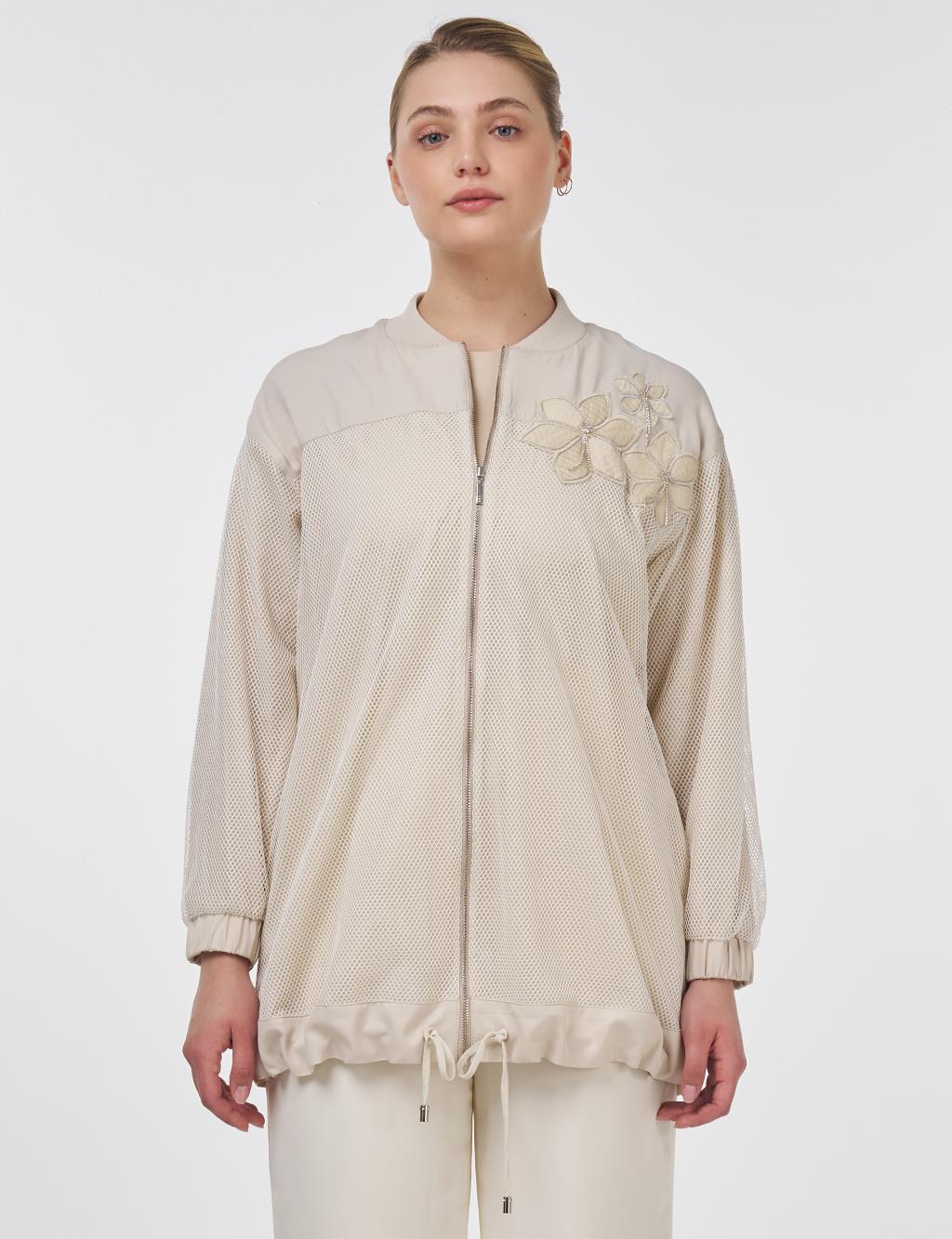 Mesh Detailed College Neck Jacket Stone 