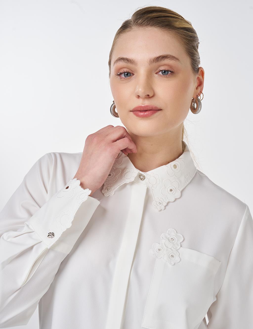 Embroidered Collar Appliqué Elegant Tunic Ecru