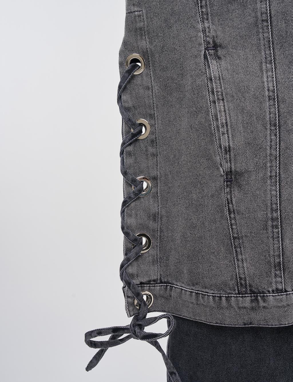 Drawstring Detailed Denim Jacket Anthracite