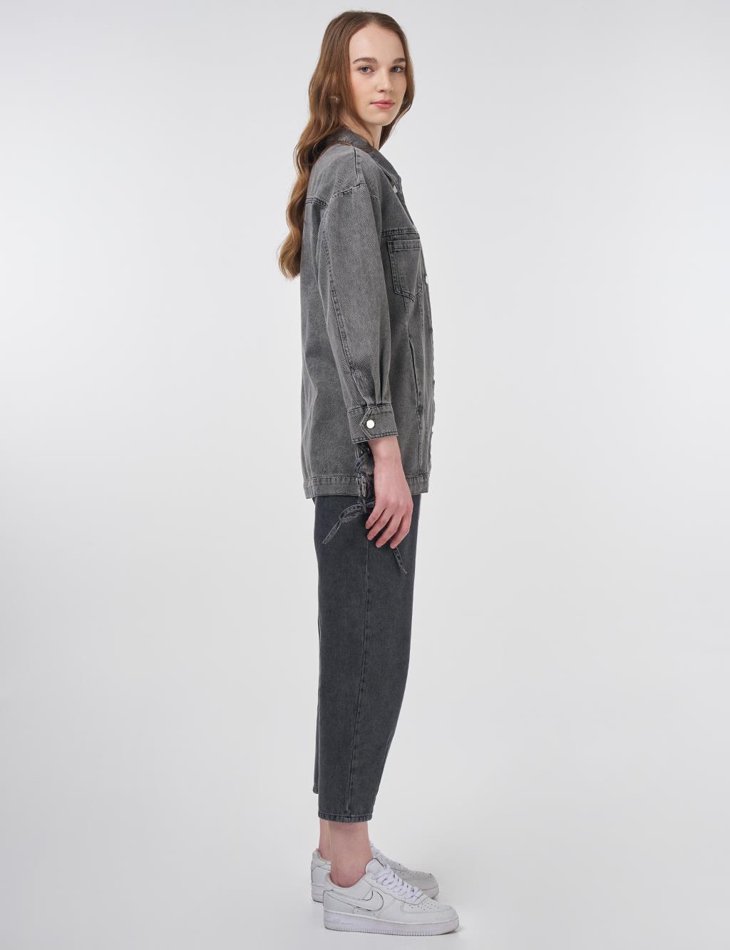 Drawstring Detailed Denim Jacket Anthracite