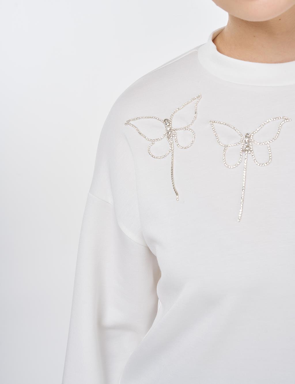 Düğme Detaylı Scuba Sweatshirt Ekru