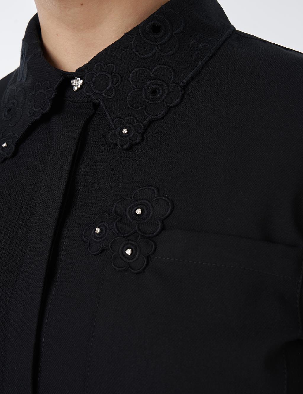 Embroidered Collar Appliqué Elegant Tunic Black
