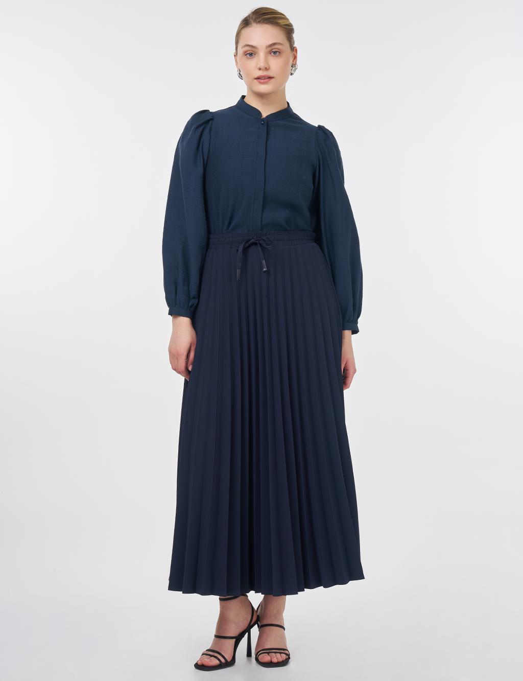 Mandarin Collar Lyocell Blouse Navy