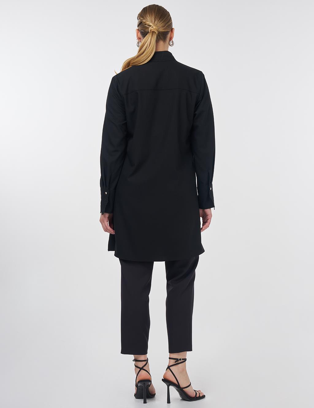 Embroidered Collar Appliqué Elegant Tunic Black