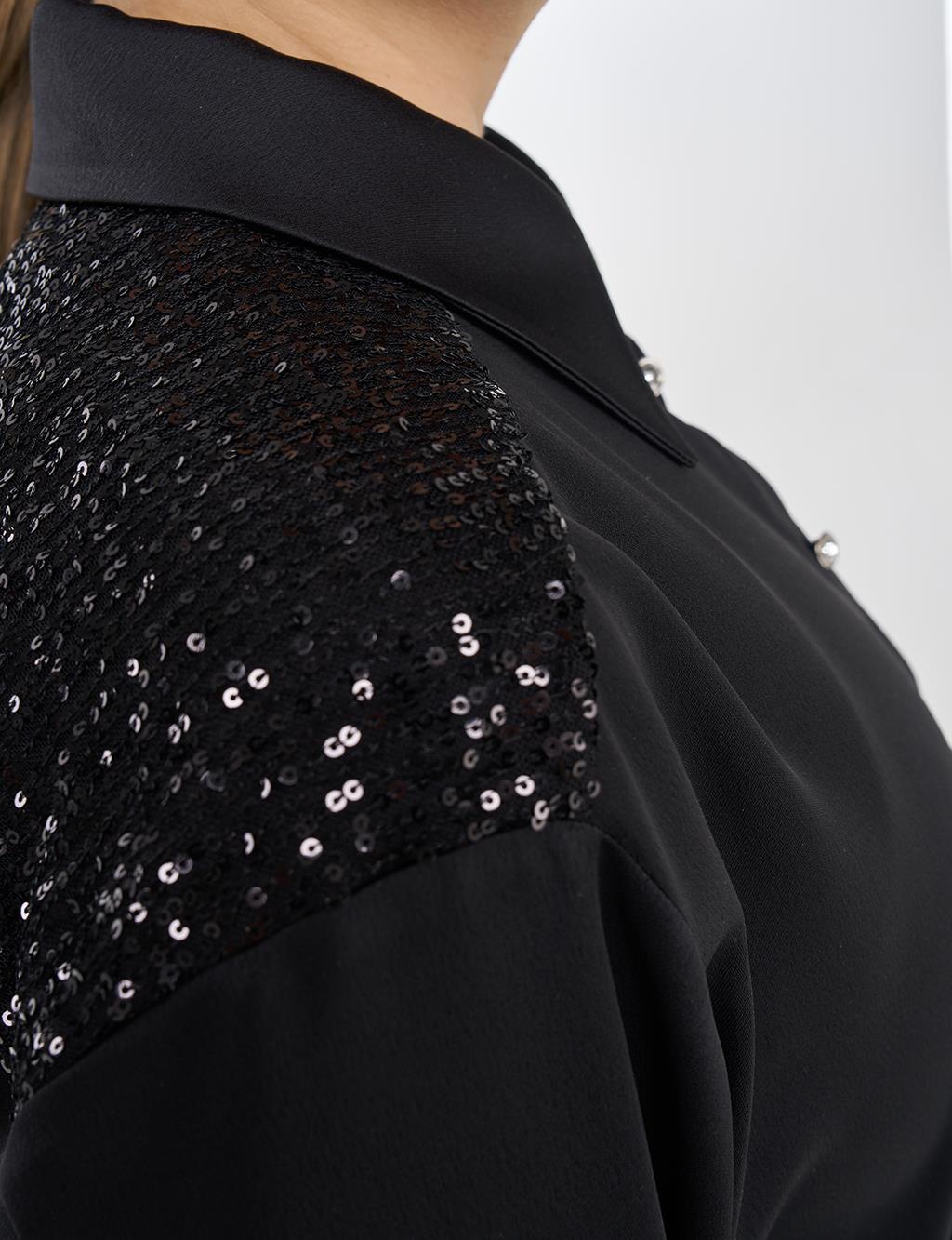 Sequin-Embellished Satin Two-Piece Set Black
