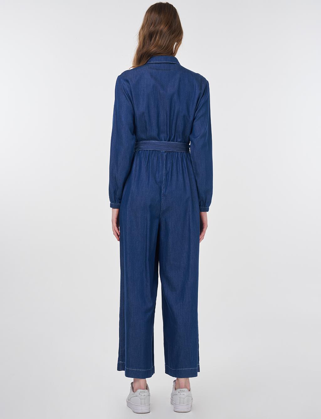 Belted Lyocell Jumpsuit in Navy Blue