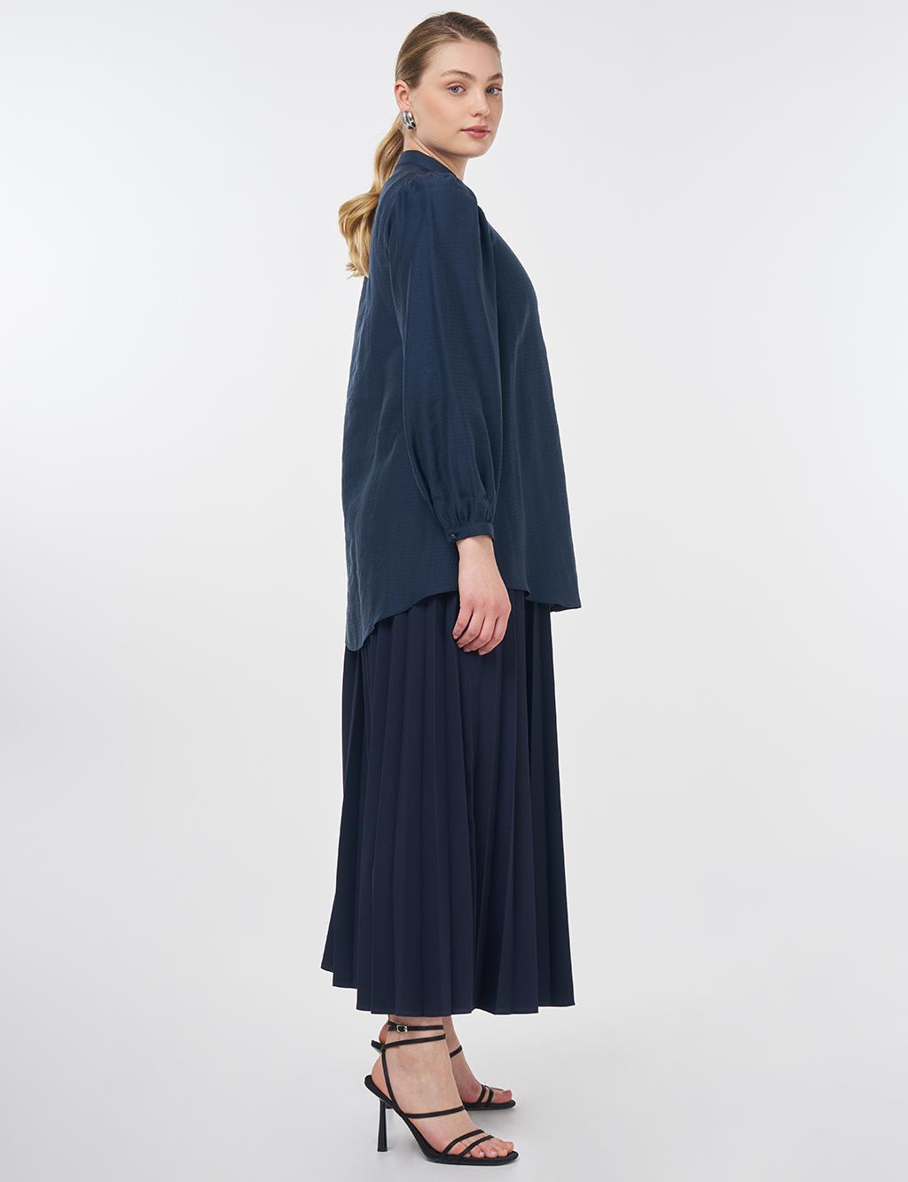 Mandarin Collar Lyocell Blouse Navy