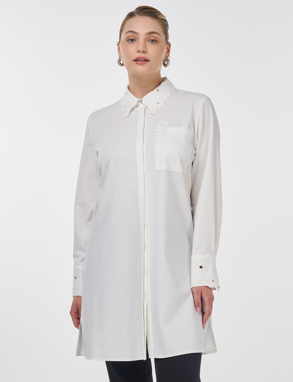 Embroidered Collar Appliqué Elegant Tunic Ecru