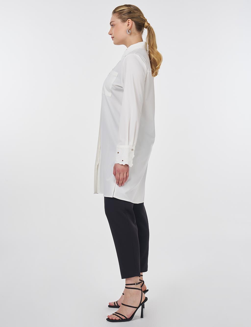 Embroidered Collar Appliqué Elegant Tunic Ecru