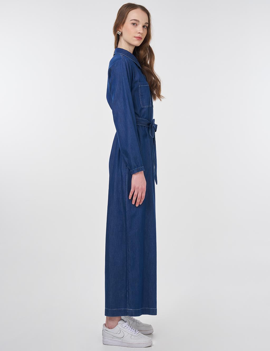 Belted Lyocell Jumpsuit in Navy Blue
