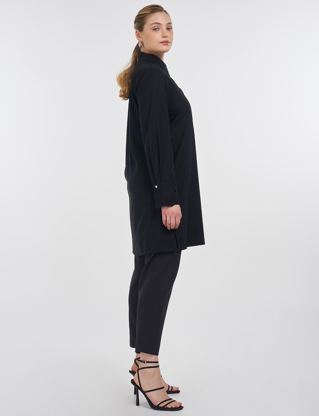 Embroidered Collar Appliqué Elegant Tunic Black