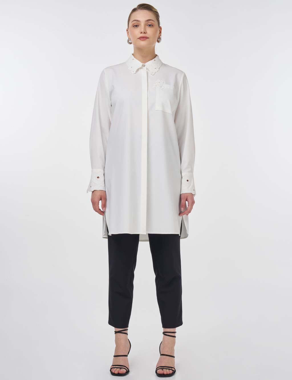 Embroidered Collar Appliqué Elegant Tunic Ecru